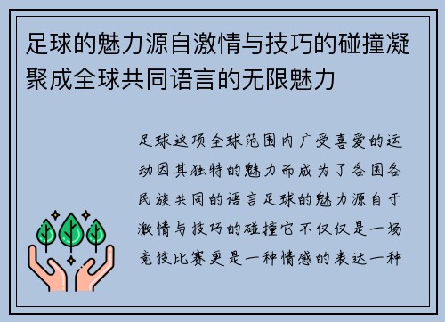 足球的魅力源自激情与技巧的碰撞凝聚成全球共同语言的无限魅力
