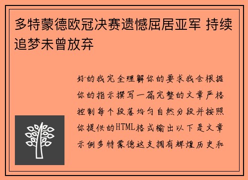 多特蒙德欧冠决赛遗憾屈居亚军 持续追梦未曾放弃
